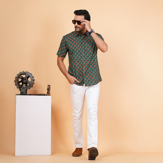 Men's Green Cotton Half-Sleeve Shirt with Red Rose Print