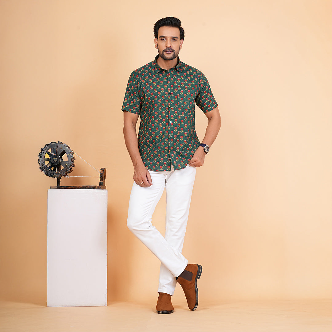 Men's Green Cotton Half-Sleeve Shirt with Red Rose Print