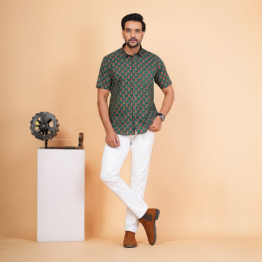 Men's Green Cotton Half-Sleeve Shirt with Red Rose Print