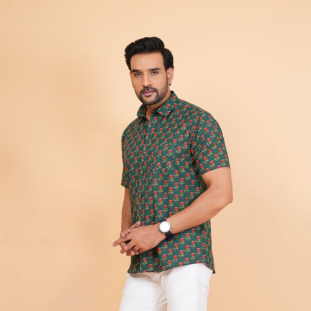 Men's Green Cotton Half-Sleeve Shirt with Red Rose Print