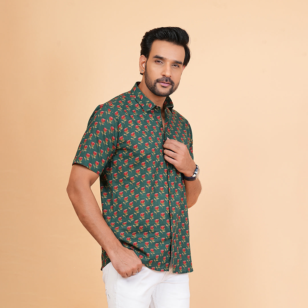 Men's Green Cotton Half-Sleeve Shirt with Red Rose Print