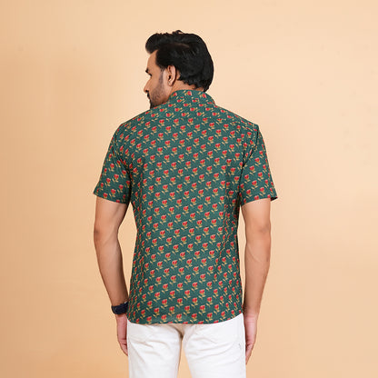 Men's Green Cotton Half-Sleeve Shirt with Red Rose Print