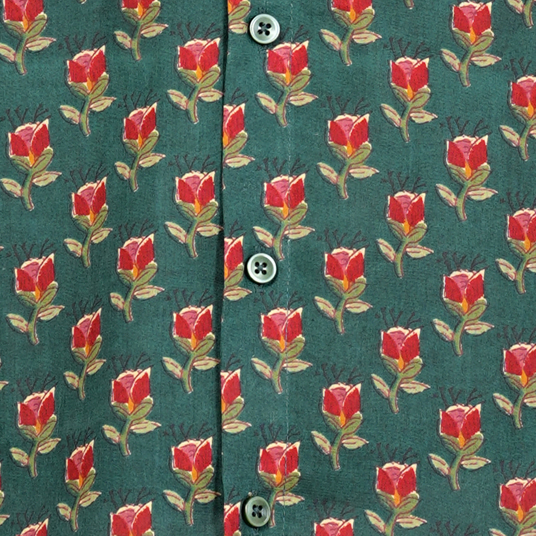 Men's Green Cotton Half-Sleeve Shirt with Red Rose Print