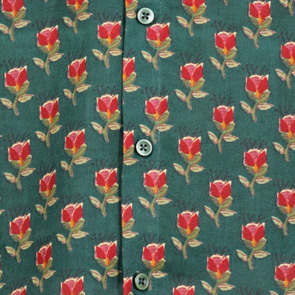 Men's Green Cotton Half-Sleeve Shirt with Red Rose Print