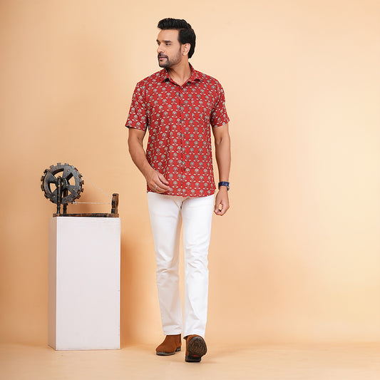 Raging Red & Blossom Half-Sleeves Shirt