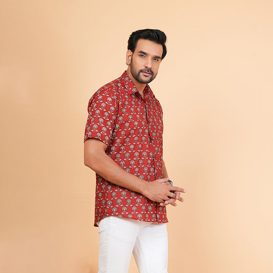 Raging Red & Blossom Half-Sleeves Shirt