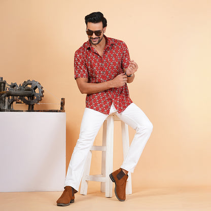 Raging Red & Blossom Half-Sleeves Shirt