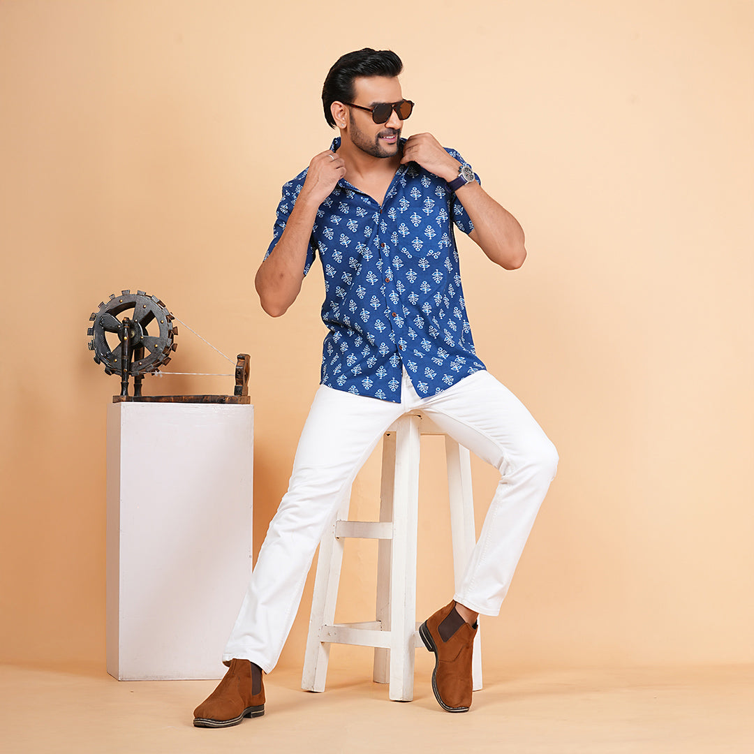 Midnight Garden with Light Petals Half-Sleeves Shirt