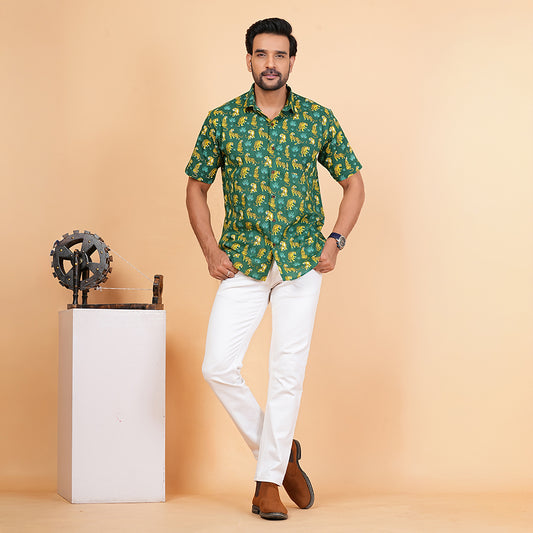 Green Safari with Yellow Stripes Half-Sleeves Shirts