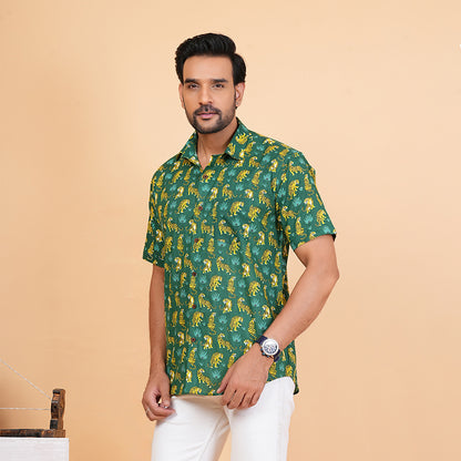 Green Safari with Yellow Stripes Half-Sleeves Shirts