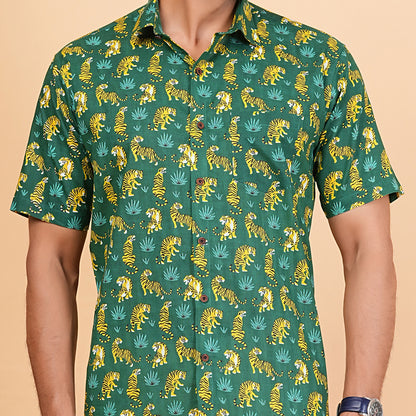 Green Safari with Yellow Stripes Half-Sleeves Shirts