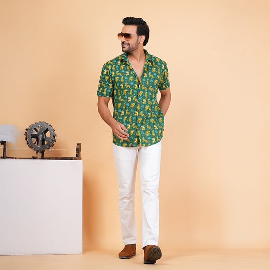 Green Safari with Yellow Stripes Half-Sleeves Shirts