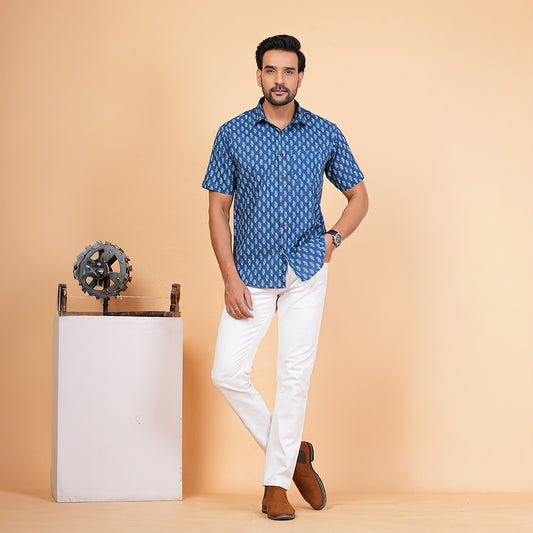 Ocean Leaf in Wind Print Half-Sleeves Shirt