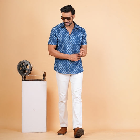 Ocean Leaf in Wind Print Half-Sleeves Shirt