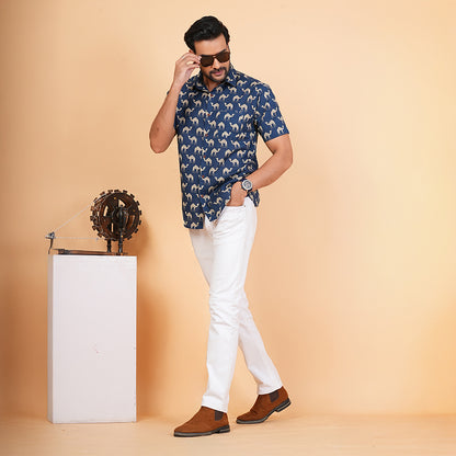 Wild Blues with White Camels Half-Sleeves Shirt