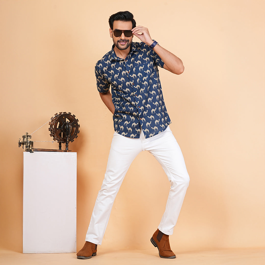 Wild Blues with White Camels Half-Sleeves Shirt