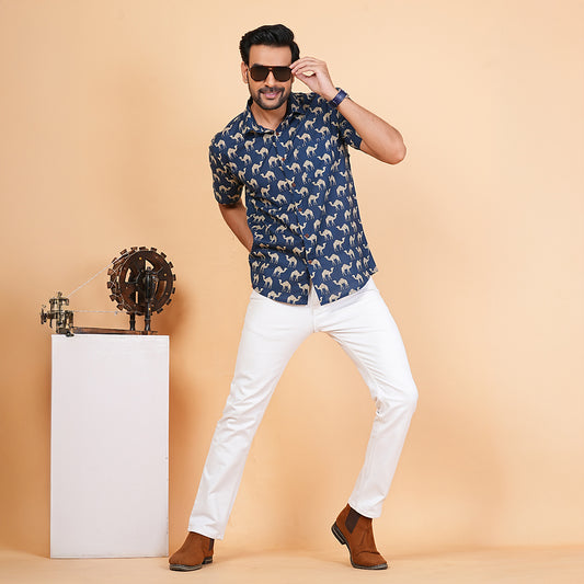 Wild Blues with White Camels Half-Sleeves Shirt