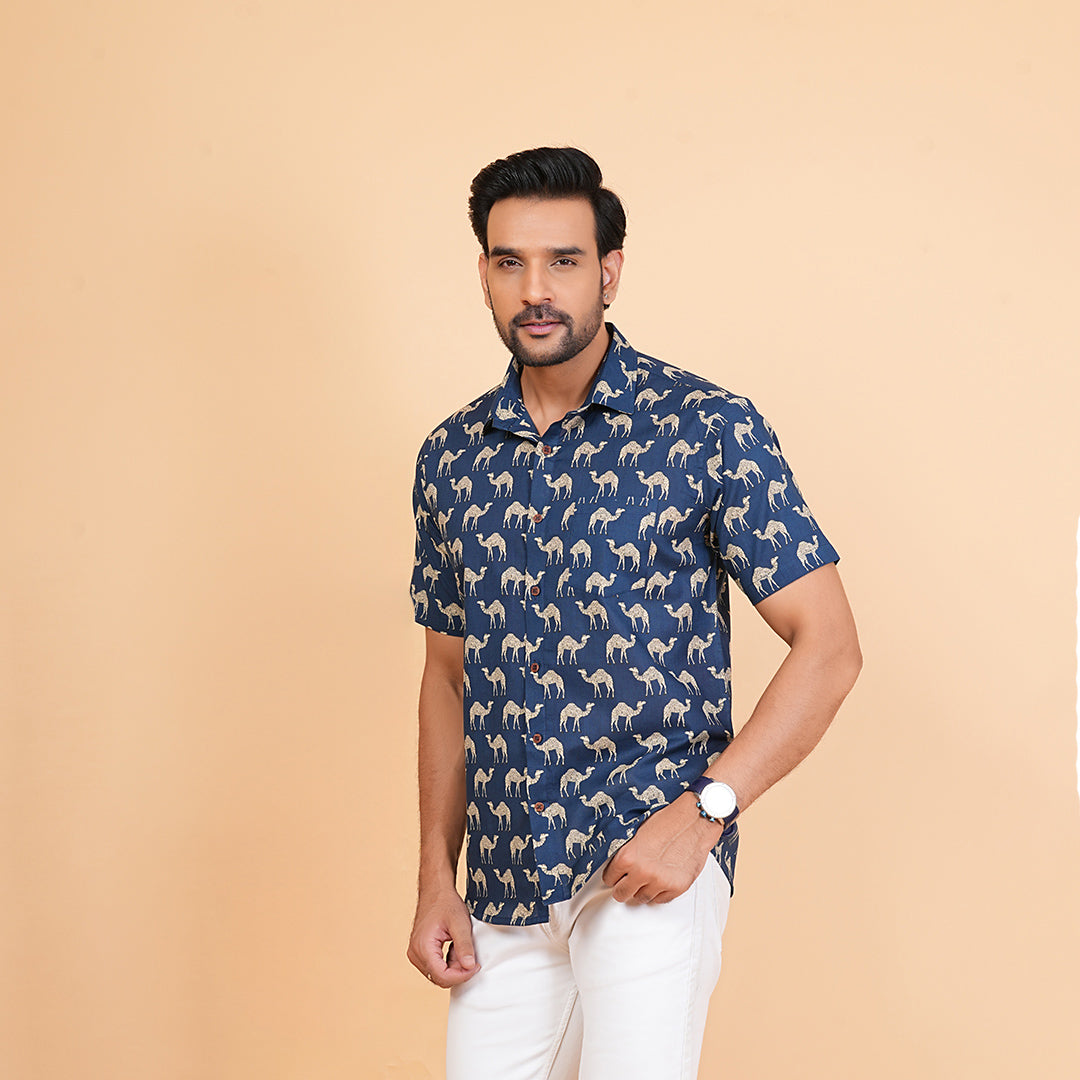 Wild Blues with White Camels Half-Sleeves Shirt