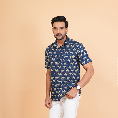 Wild Blues with White Camels Half-Sleeves Shirt