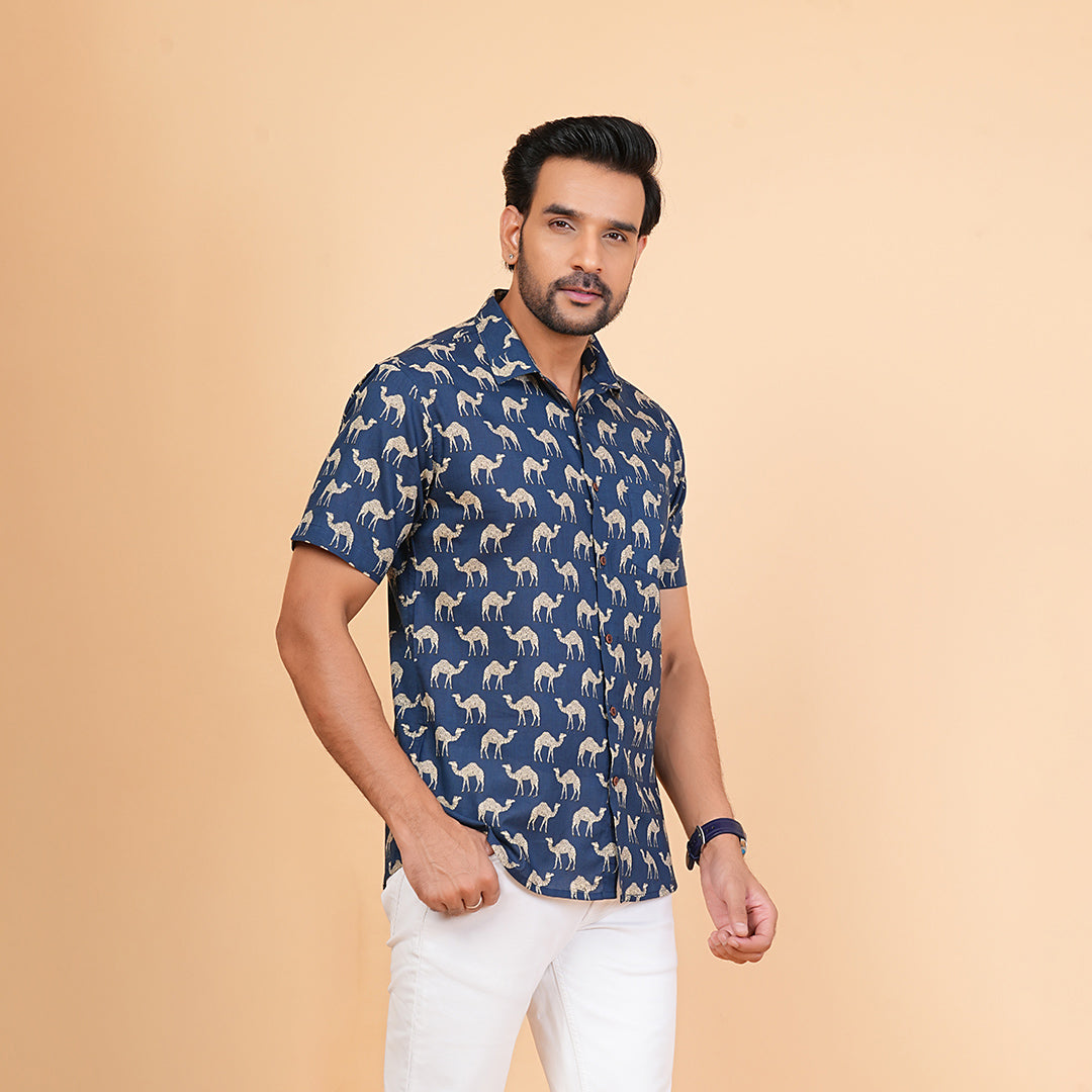Wild Blues with White Camels Half-Sleeves Shirt