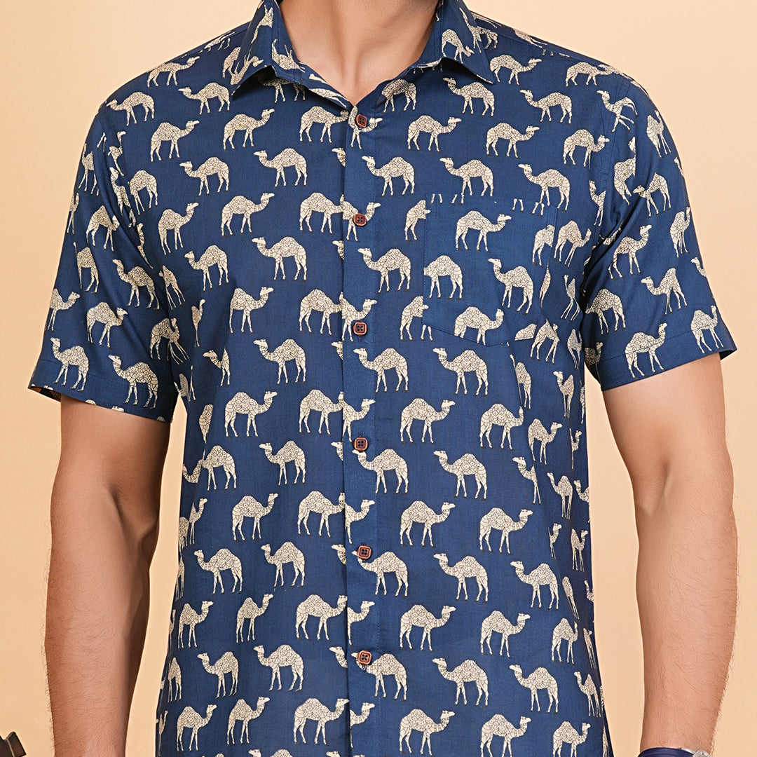 Wild Blues with White Camels Half-Sleeves Shirt