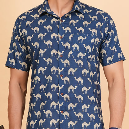 Wild Blues with White Camels Half-Sleeves Shirt