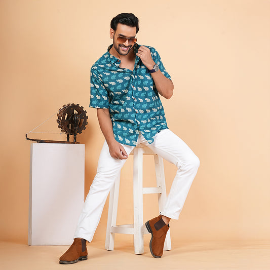 Teal Trails with Tiny Elephants Half-Sleeves Shirt