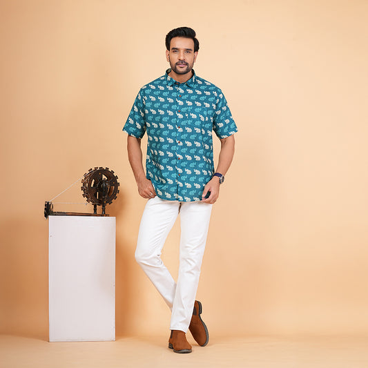 Teal Trails with Tiny Elephants Half-Sleeves Shirt