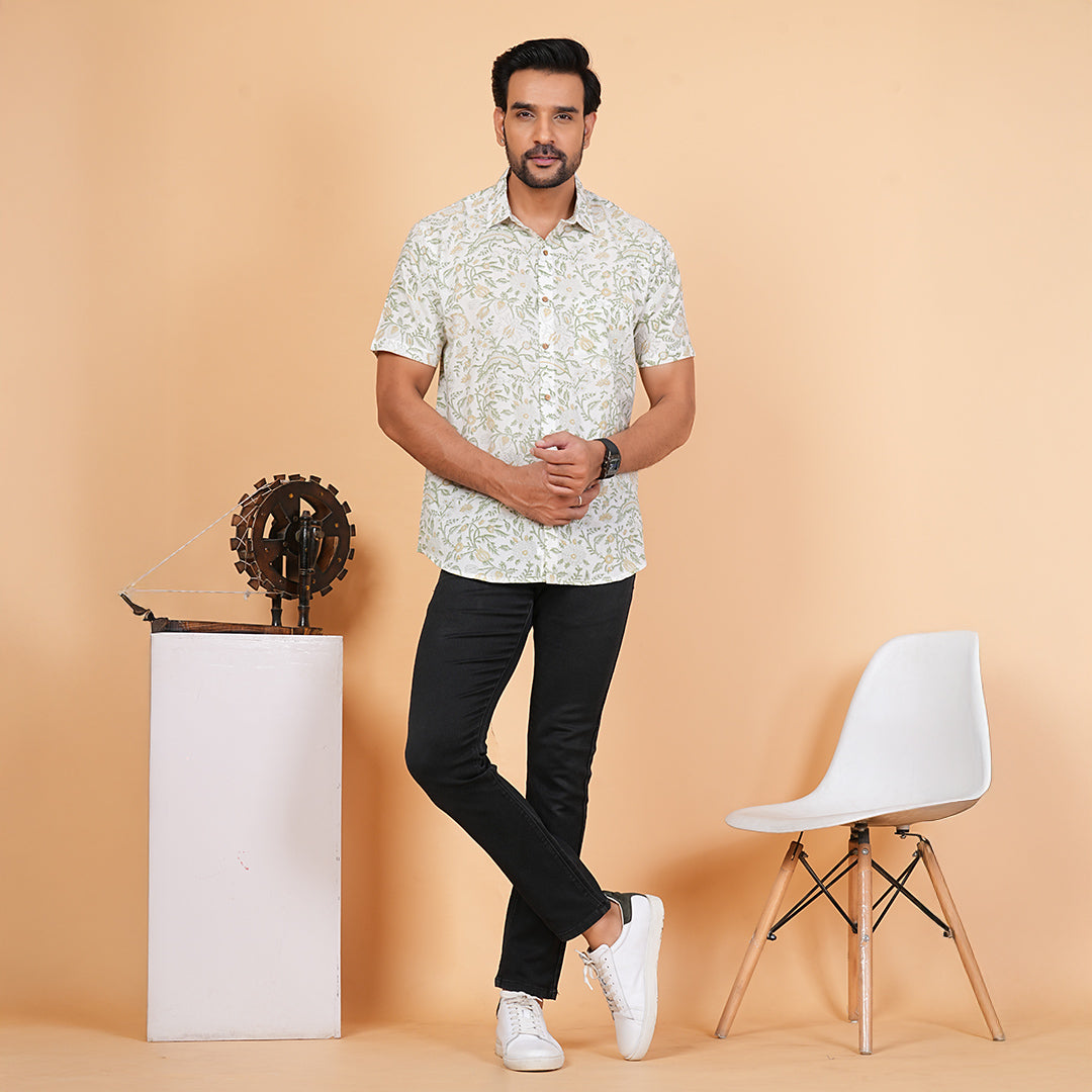 Botanical Beauty - White and Green Floral Print Shirt