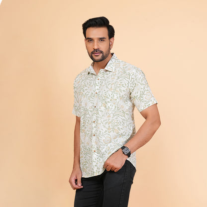 Botanical Beauty - White and Green Floral Print Shirt