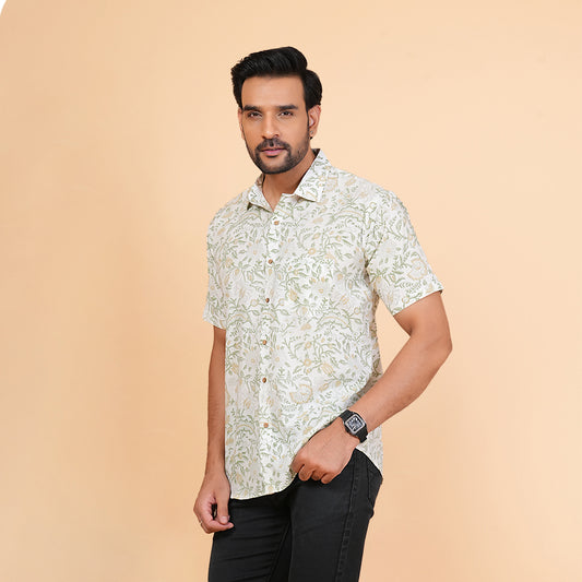 Botanical Beauty - White and Green Floral Print Shirt