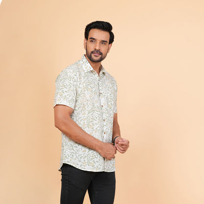 Botanical Beauty - White and Green Floral Print Shirt