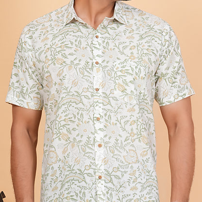 Botanical Beauty - White and Green Floral Print Shirt