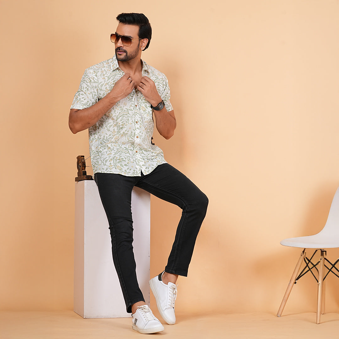 Botanical Beauty - White and Green Floral Print Shirt