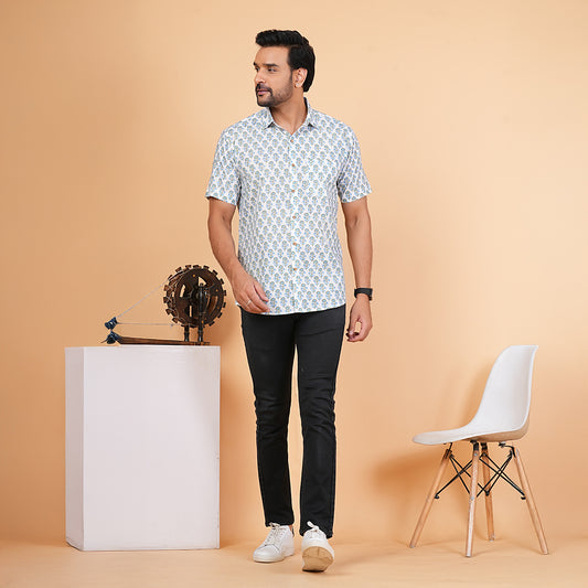 Floral Fashion Blue and Grey Motif Shirt