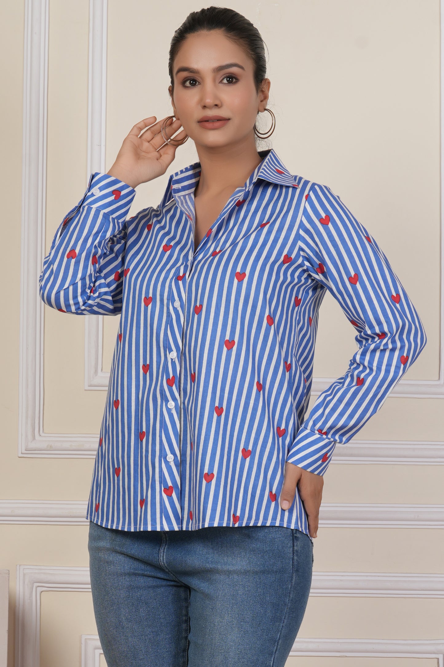 Blue Striped Heart Print Women’s Casual Shirt