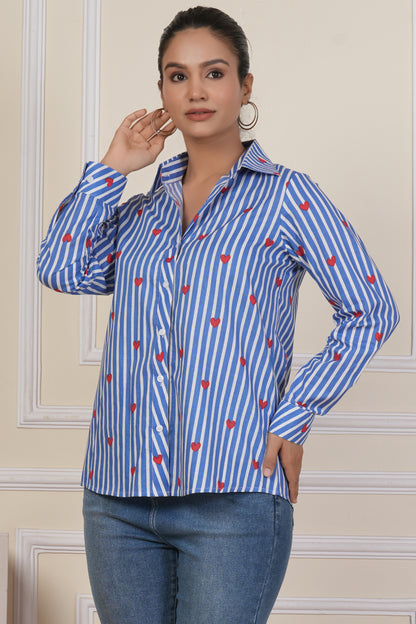 Blue Striped Heart Print Women’s Casual Shirt