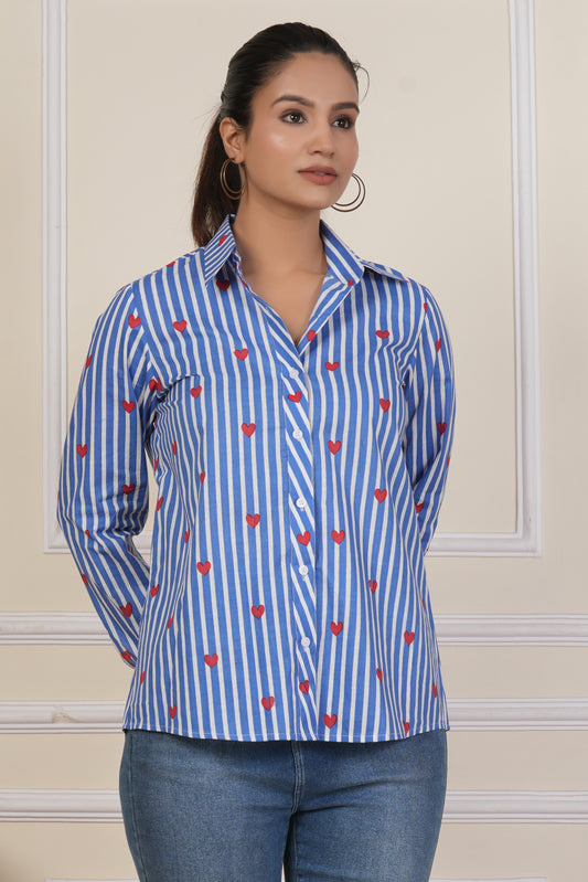 Blue Striped Heart Print Women’s Casual Shirt