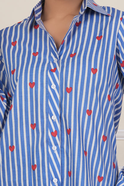 Blue Striped Heart Print Women’s Casual Shirt