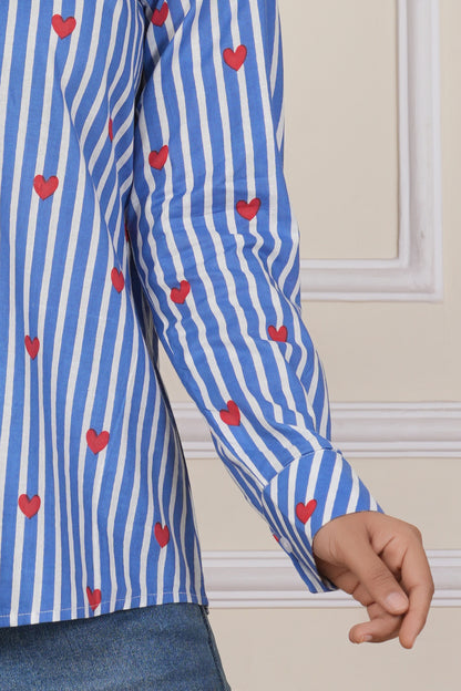 Blue Striped Heart Print Women’s Casual Shirt