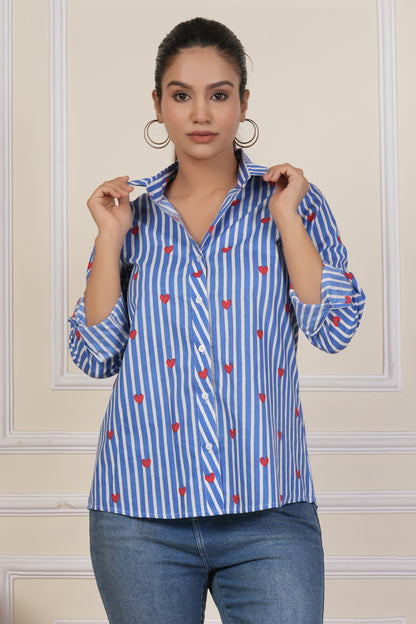 Blue Striped Heart Print Women’s Casual Shirt