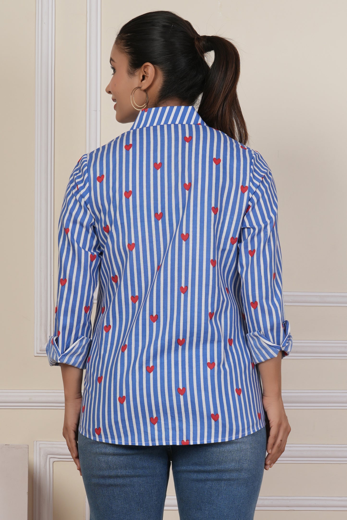 Blue Striped Heart Print Women’s Casual Shirt