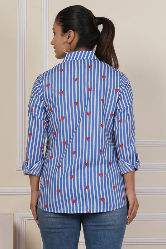Blue Striped Heart Print Women’s Casual Shirt