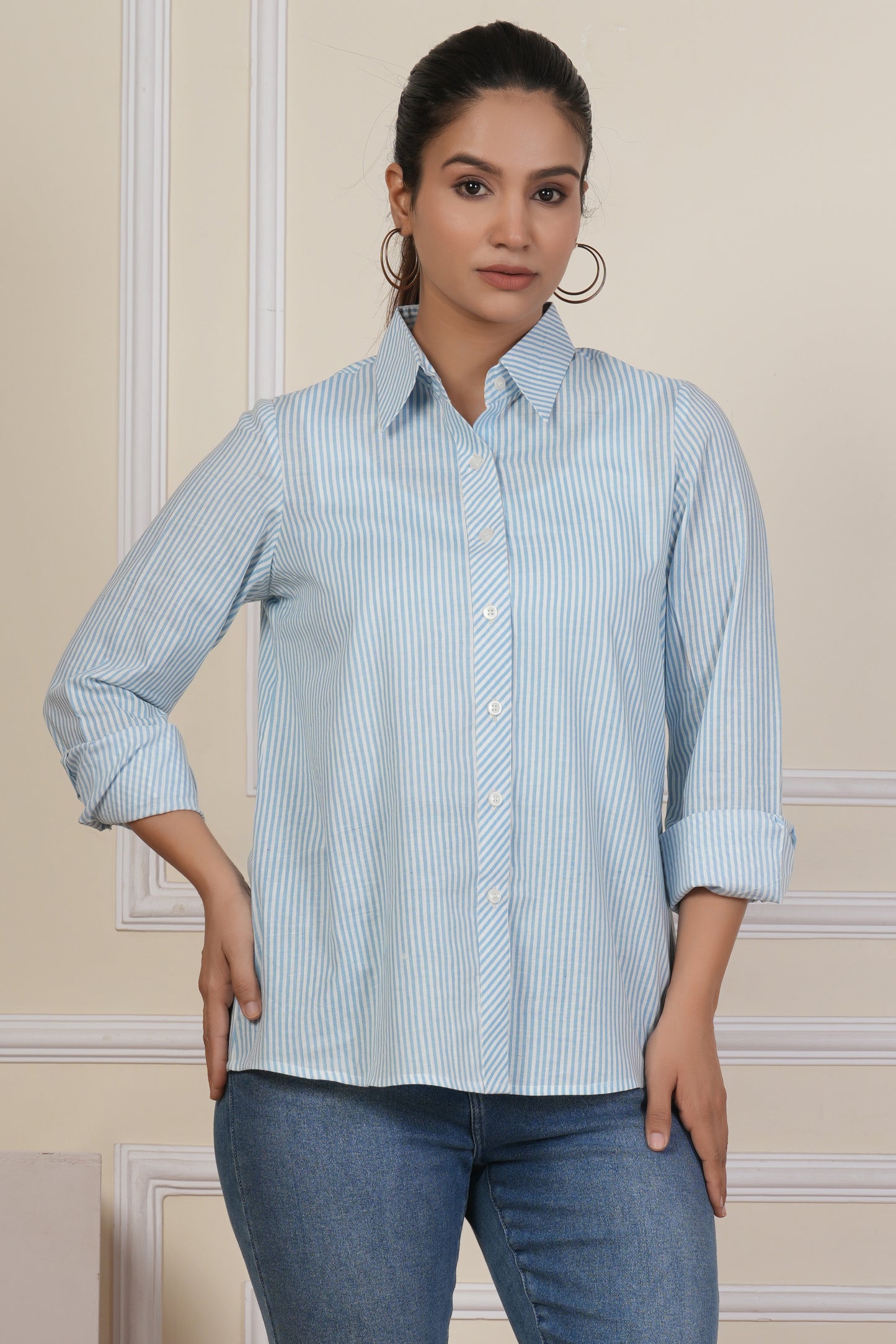 Sky Blue Striped Women’s Casual Shirt