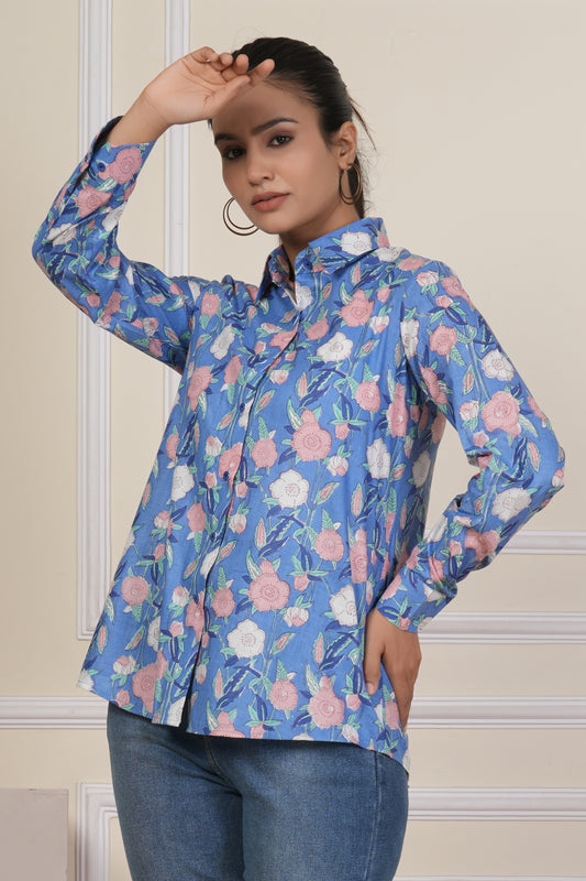 Periwinkle Blue Floral Printed Women’s Casual Shirt