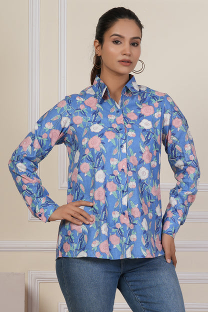 Periwinkle Blue Floral Printed Women’s Casual Shirt