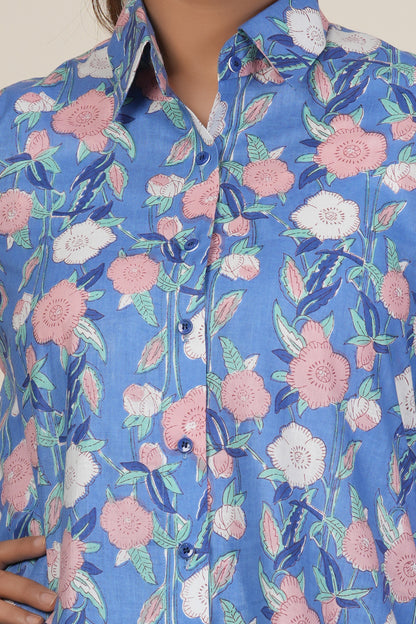 Periwinkle Blue Floral Printed Women’s Casual Shirt