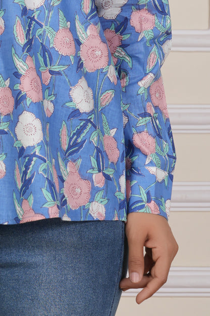 Periwinkle Blue Floral Printed Women’s Casual Shirt