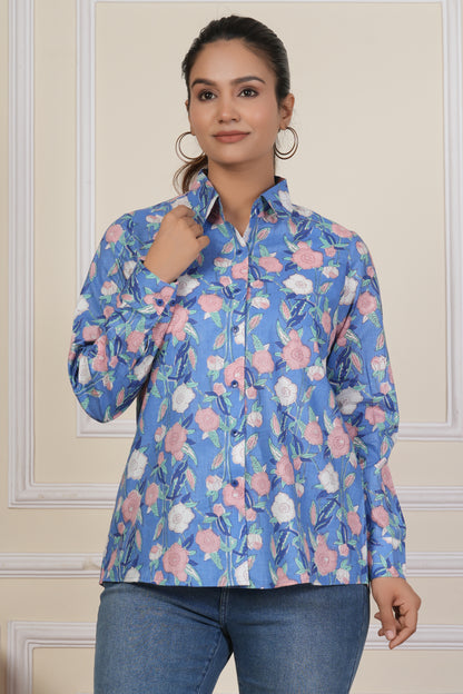 Periwinkle Blue Floral Printed Women’s Casual Shirt