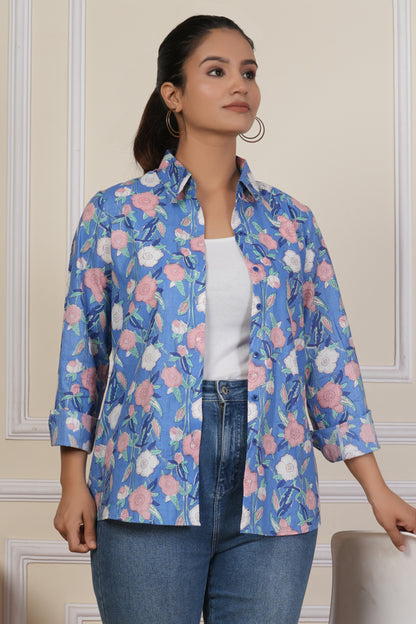 Periwinkle Blue Floral Printed Women’s Casual Shirt